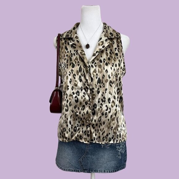 leopard cheetah vintage 90s poly satin sleeveless button up shirt animal print - Picture 1 of 8